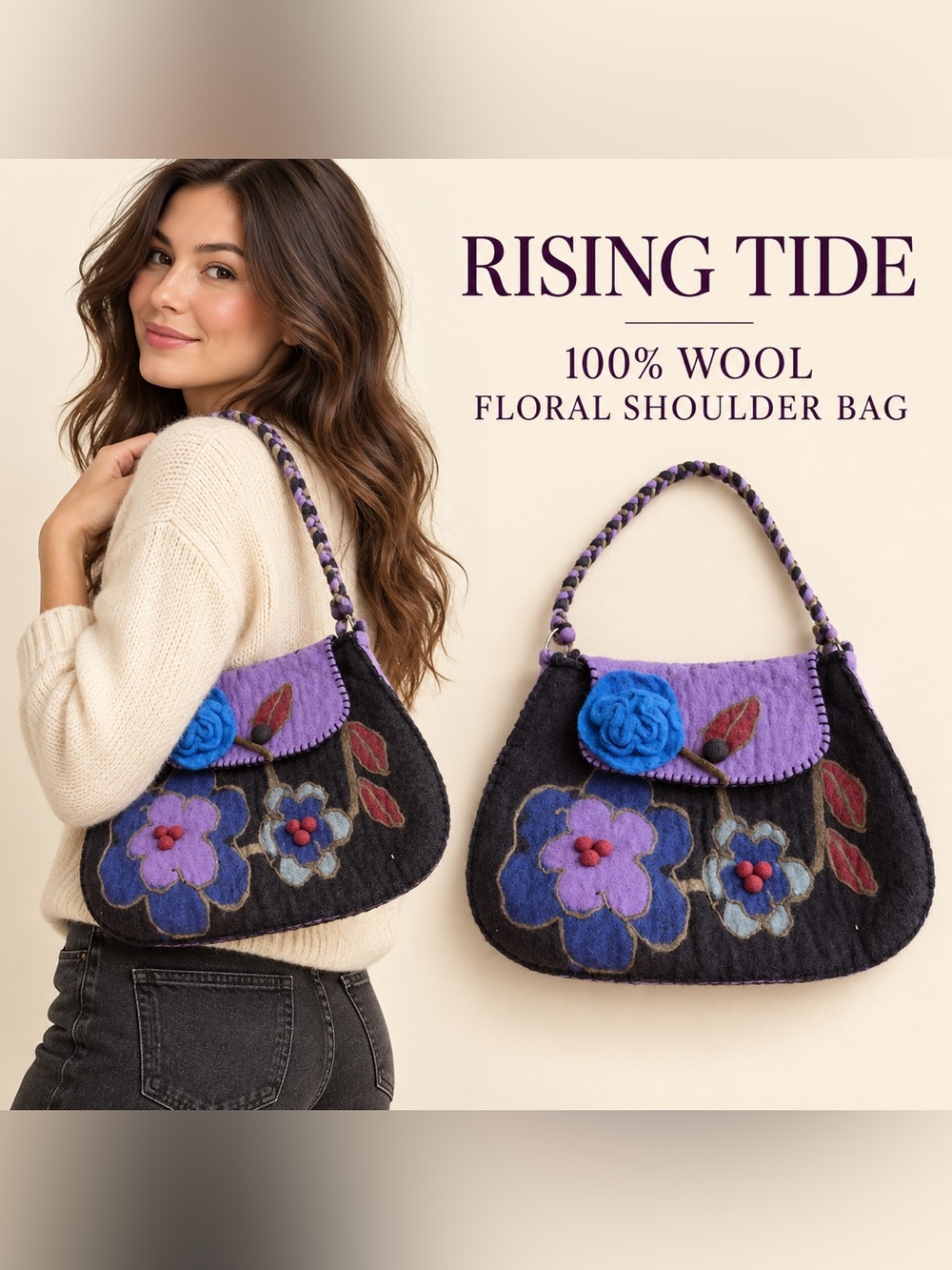Rising Tide 100% Wool Felt Floral Boho Shoulder Bag